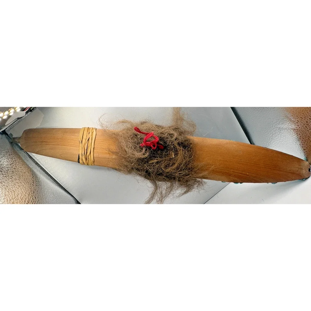 Native American Navajo Hand carved Peace Pipe Wood Leather Turquoise Fur 16.5